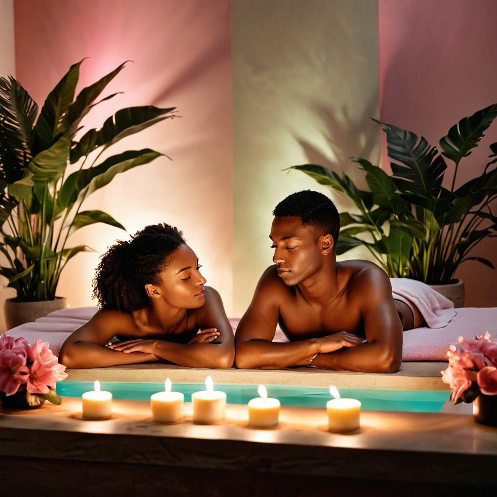 A sensual yet therapeutic scene showcasing a facial treatment in a serene spa environment, with soft lighting casting gentle shadows. The image should feature a diverse couple receiving treatments, emphasizing relaxation and intimacy amidst soothing elements like candles and plants. Incorporate subtle hints of video sharing platforms, like screens showing artistic abstract footage, to tie in the theme. The color palette should be warm and inviting, with shades of pink, beige, and green for a calming effect. super-realistic. vibrant colors. serene atmosphere.
