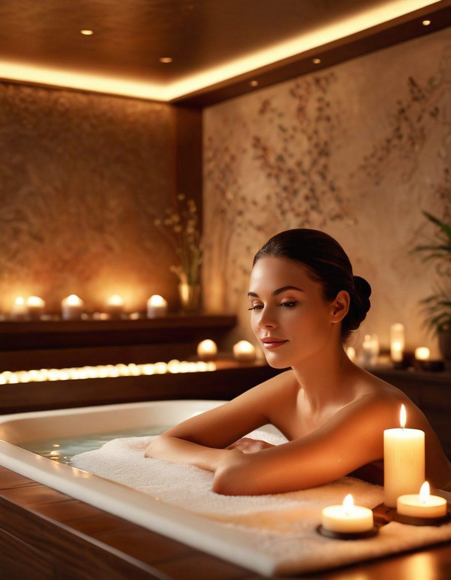 An artistic and alluring representation of a luxurious spa setting focused on facial treatments, featuring elegant candles, soft lighting, and sensual decor, alongside subtle hints of adult video content like blurred screens in the background. Include a serene ambiance with a model enjoying a facial therapy, surrounded by hints of vibrancy and allure. super-realistic. warm tones. elegant design.